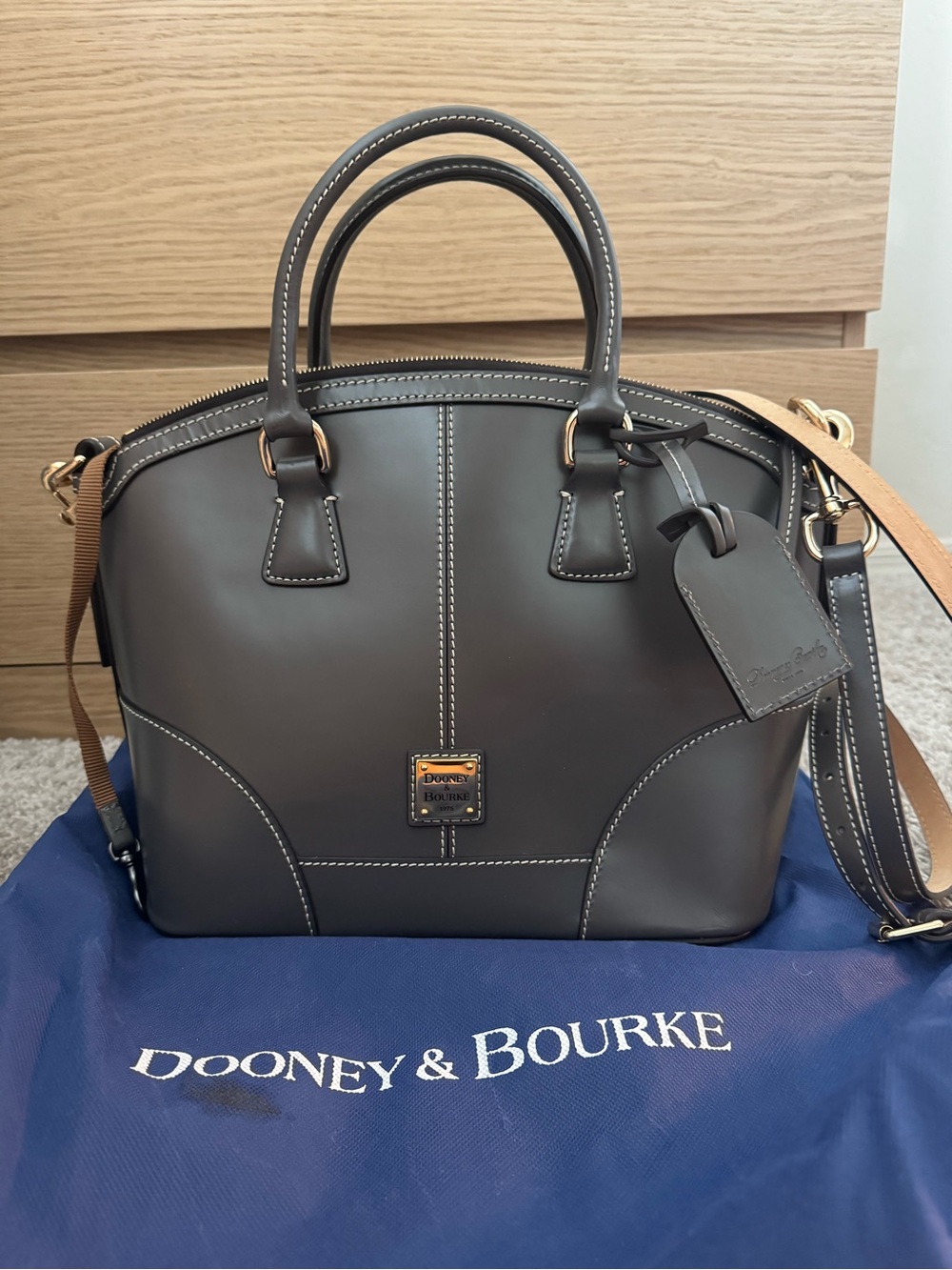 Dooney & Bourke Dark Brown Leather Dome Satchel with Contrast Stitching